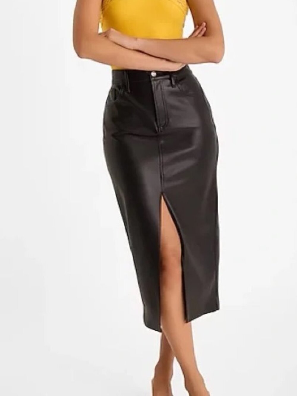 EXPRESS Faux Leather Front Slit Midi Skirt Black Womens 6 BRAND NEW!